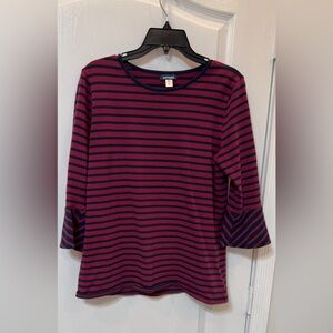 Basic Editions Women’s Burgundy and Navy Striped Bell-Sleeve Top Small